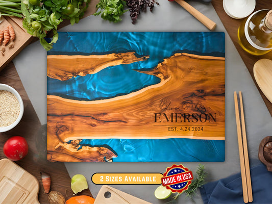 Personalized Glass Charcuterie Board, Epoxy River Resin Cutting Board, Custom Olive Wood Chopping Board, Blue Shade Charcuterie Cheese Board