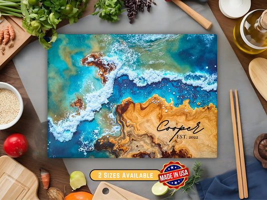 Personalized Glass Charcuterie Board Gift, Epoxy River Resin Cutting Serving Board Design, Olive Wood Blue Ocean Beach Pearl Kitchen Decor