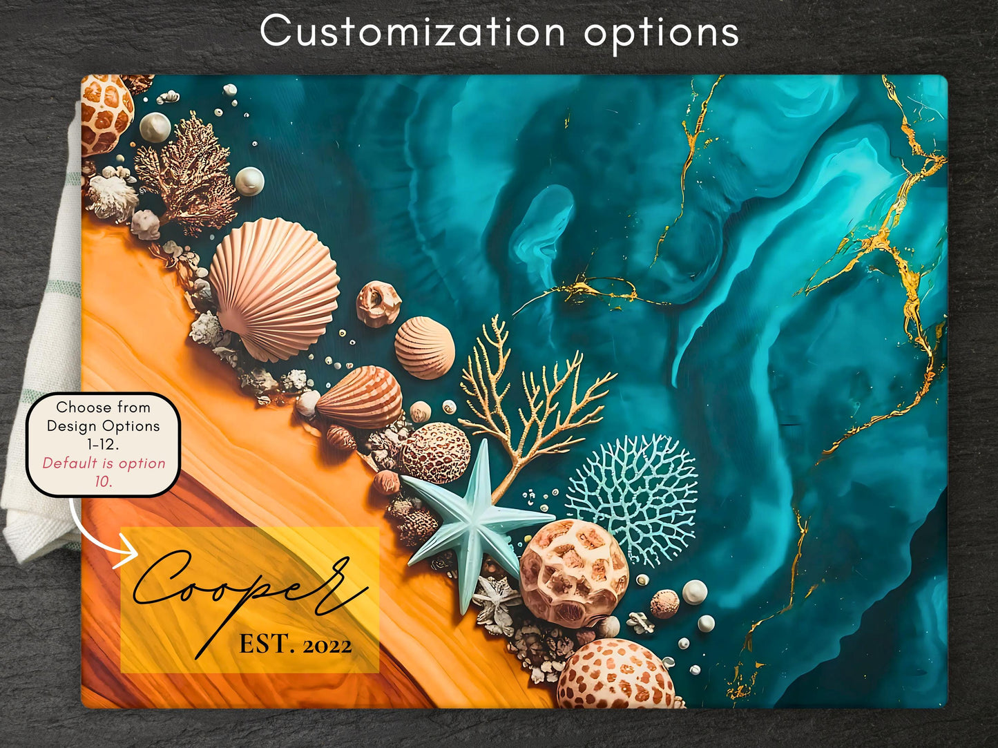 Personalized Glass Cutting Board, Ocean Resin Charcuterie, Beach Seashell Kitchen Decor, Coastal Serving Tray, Wedding And Housewarming Gift