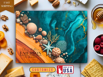 Personalized Glass Cutting Board, Ocean Resin Charcuterie, Beach Seashell Kitchen Decor, Coastal Serving Tray, Wedding And Housewarming Gift