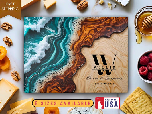 Personalized Glass Charcuterie Board Gift, Ocean Wave Epoxy Resin Cutting Board, Coastal Kitchen Decor, Wedding & Realtor Housewarming Gift