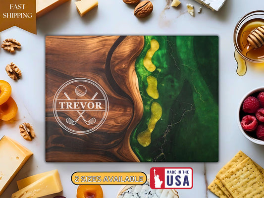 Personalized Golf Cutting Board, Glass Charcuterie Tray, Resin-art Golf Course Design Golfer Gift For Dad Husband, New Home Kitchen Decor